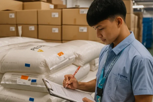 Worker checking for plastic decoration components